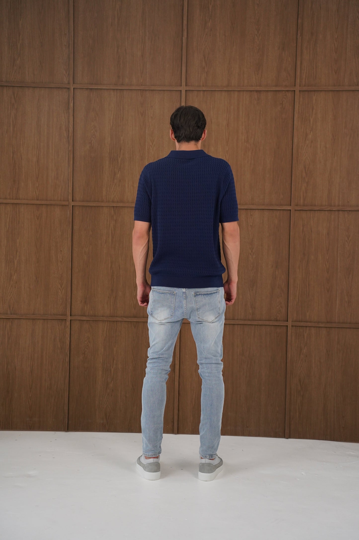 Capo Cable Twist Open Collar Polo Shirt - Navy