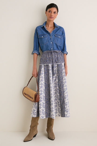 Blue Print Multi Woven A Line Midi Skirt