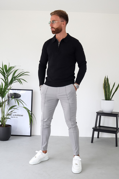 Capo Egyptian Cotton LS Zip Polo Shirt - Black