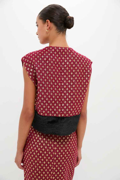 Burgundy and Gold Hernan Geom Fur Top
