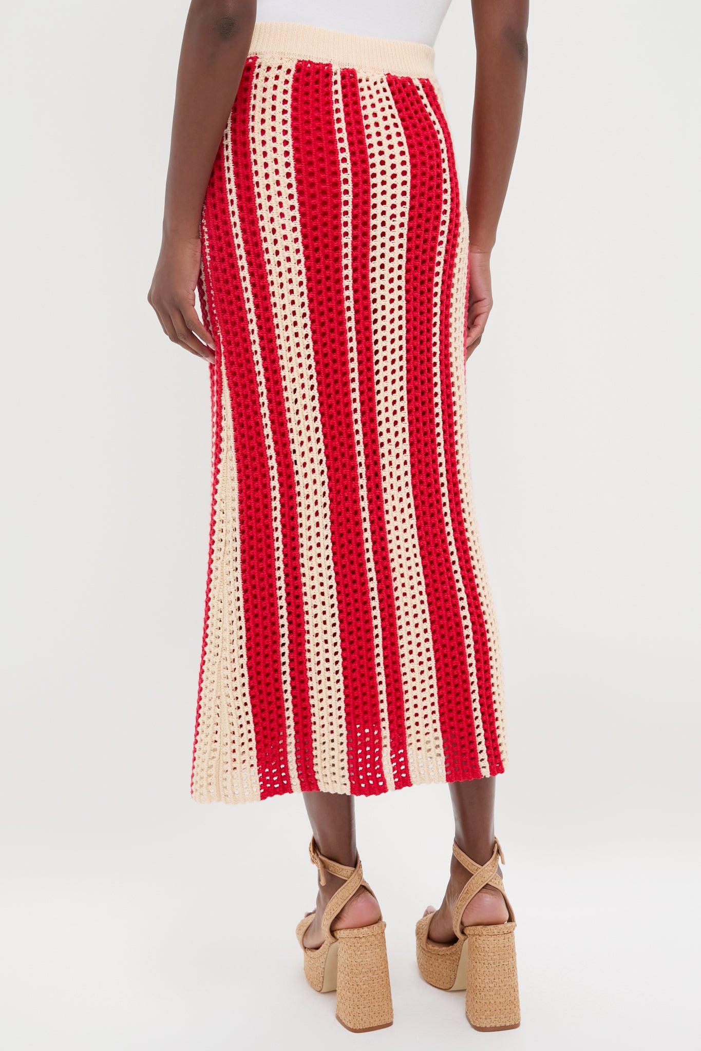Burnt Red & Beige Striped Knit Renly Midi Skirt