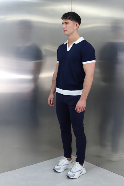 Capo Egyptian Cotton Contrast Cuban Collar Polo Shirt - Navy