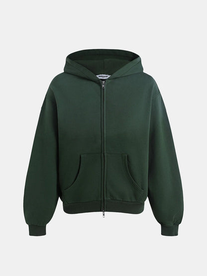 480 GSM BOXY CROPPED FIT 'WASHED DEEP GREEN' ZIP-UP HOODIE