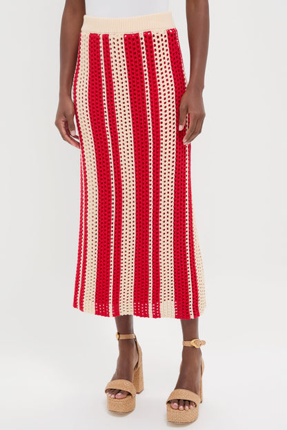 Burnt Red & Beige Striped Knit Renly Midi Skirt