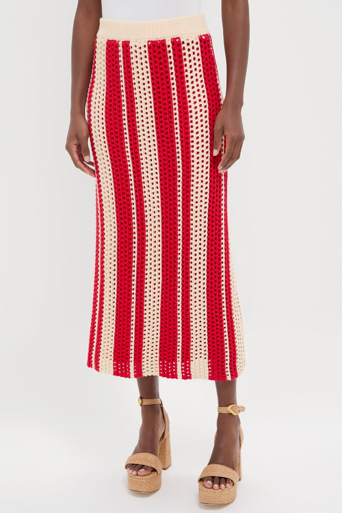 Burnt Red & Beige Striped Knit Renly Midi Skirt