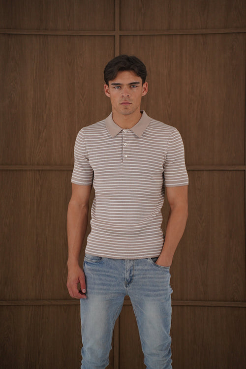 Capo Stripped Button Polo Shirt - Stone