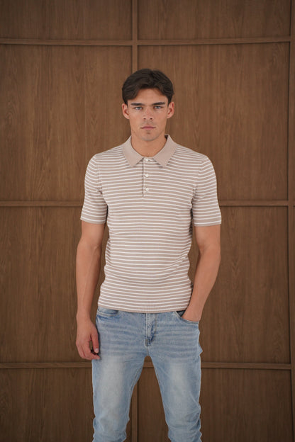 Capo Stripped Button Polo Shirt - Stone