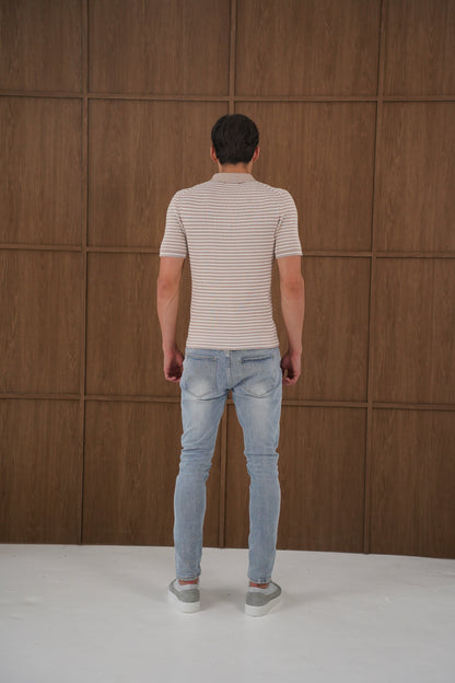 Capo Stripped Button Polo Shirt - Stone