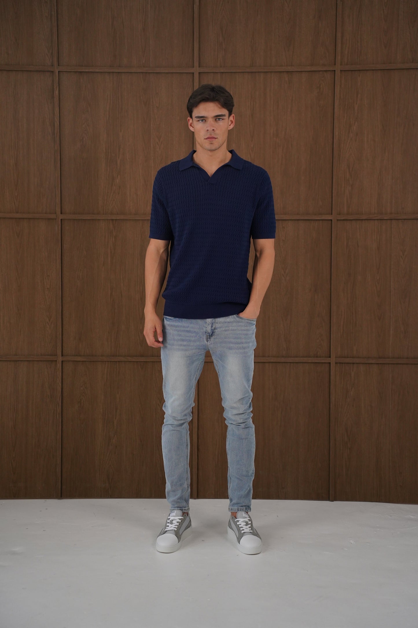 Capo Cable Twist Open Collar Polo Shirt - Navy