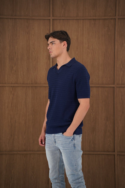 Capo Cable Twist Open Collar Polo Shirt - Navy