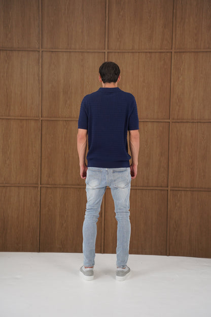 Capo Cable Twist Open Collar Polo Shirt - Navy