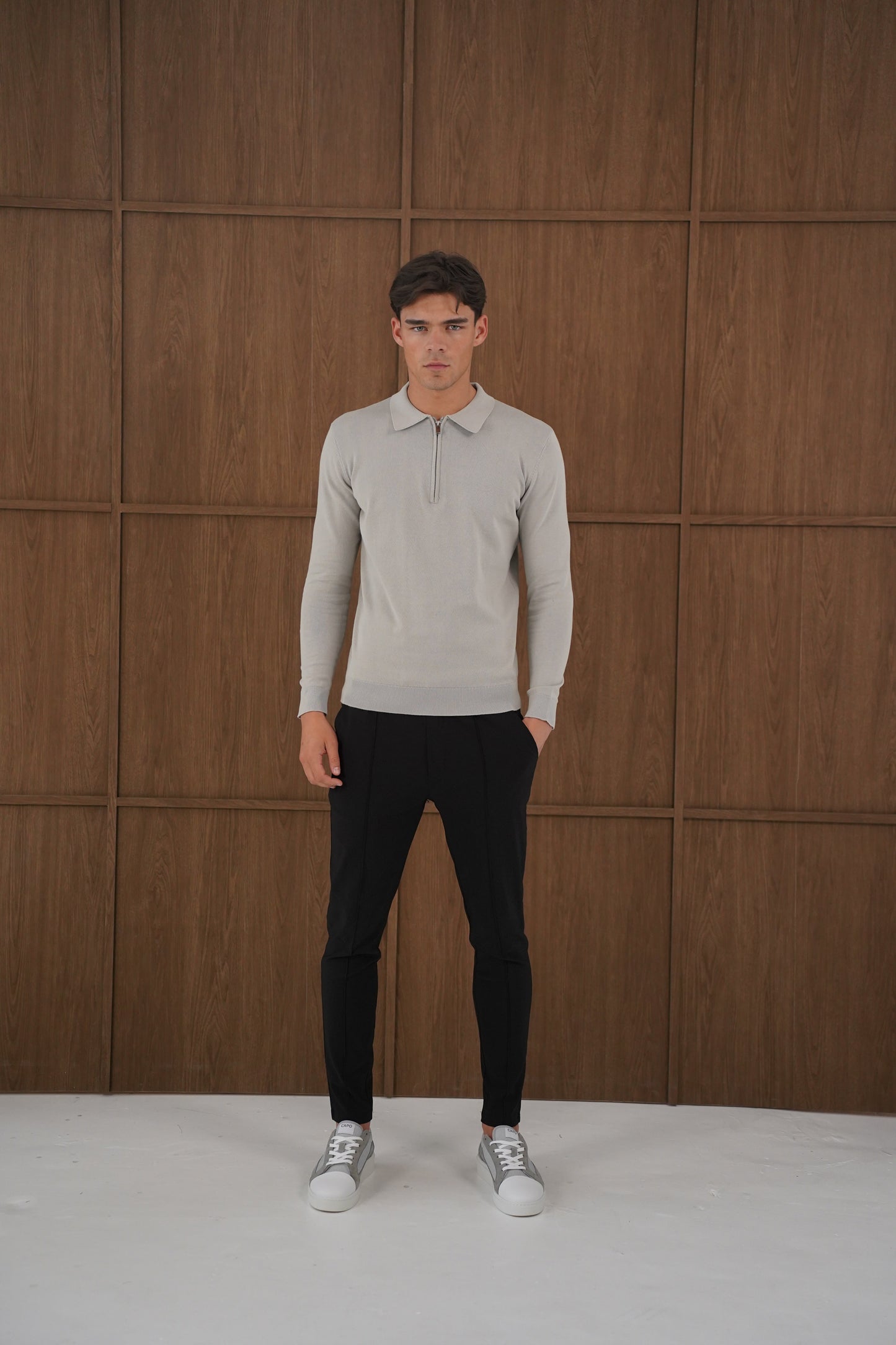 Capo Egyptian Cotton LS Zip Polo Shirt - Stone