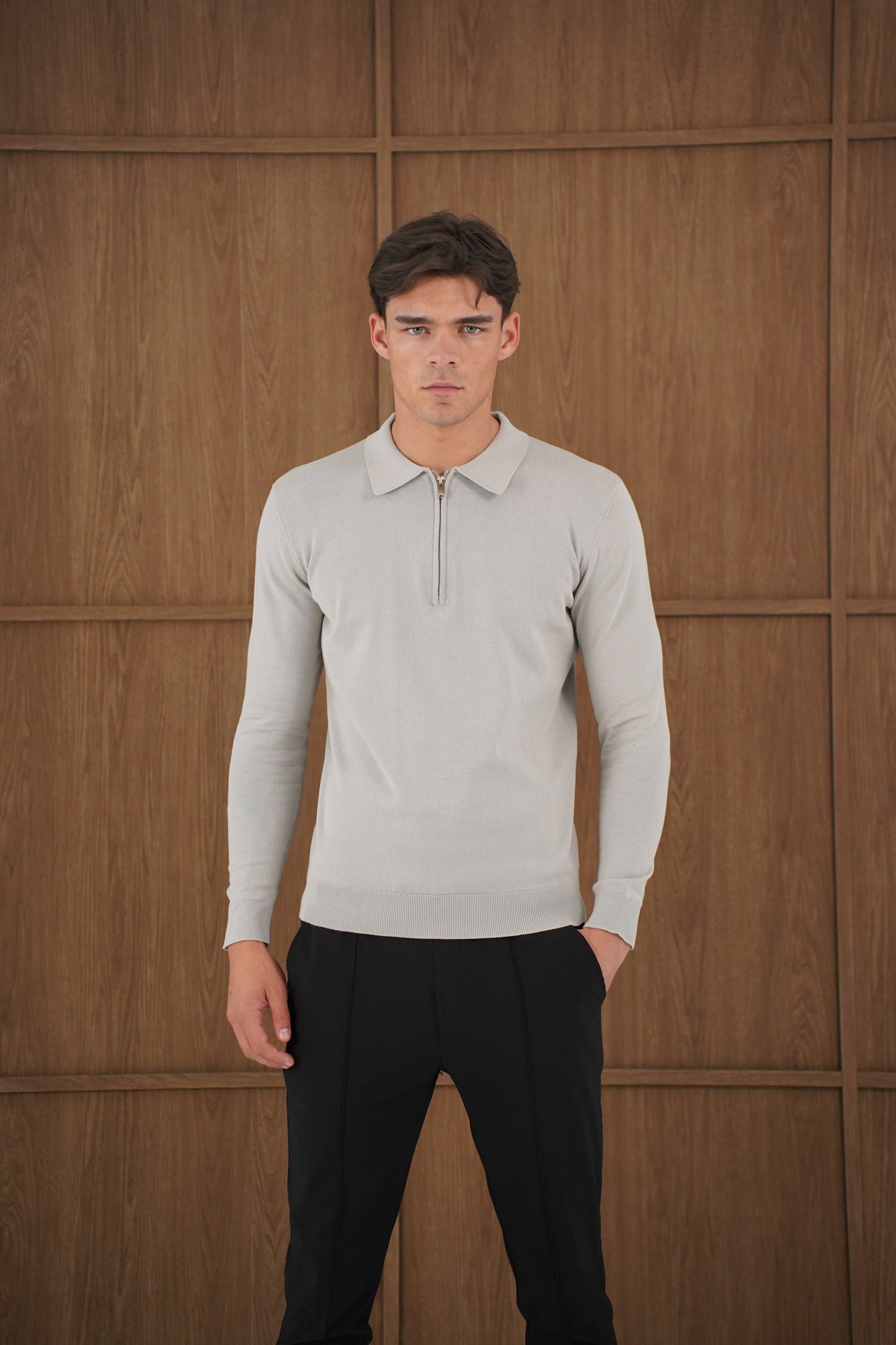 Capo Egyptian Cotton LS Zip Polo Shirt - Stone