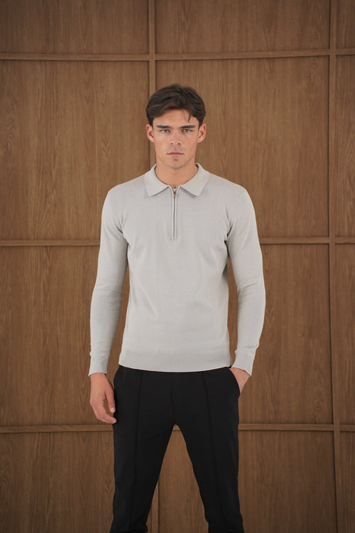 Capo Egyptian Cotton LS Zip Polo Shirt - Stone