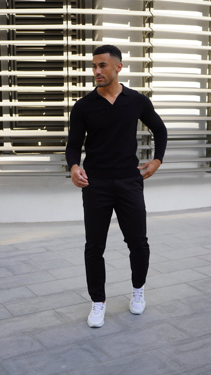 Capo Egyptian Cotton Cuban Collar LS Polo Shirt - Black