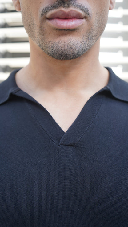 Capo Egyptian Cotton Cuban Collar LS Polo Shirt - Black