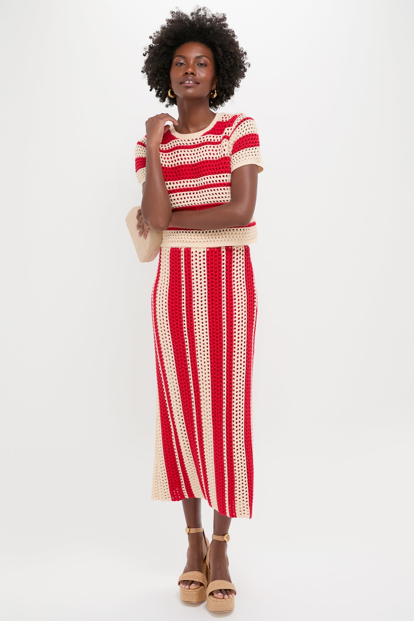Burnt Red & Beige Striped Knit Renly Midi Skirt