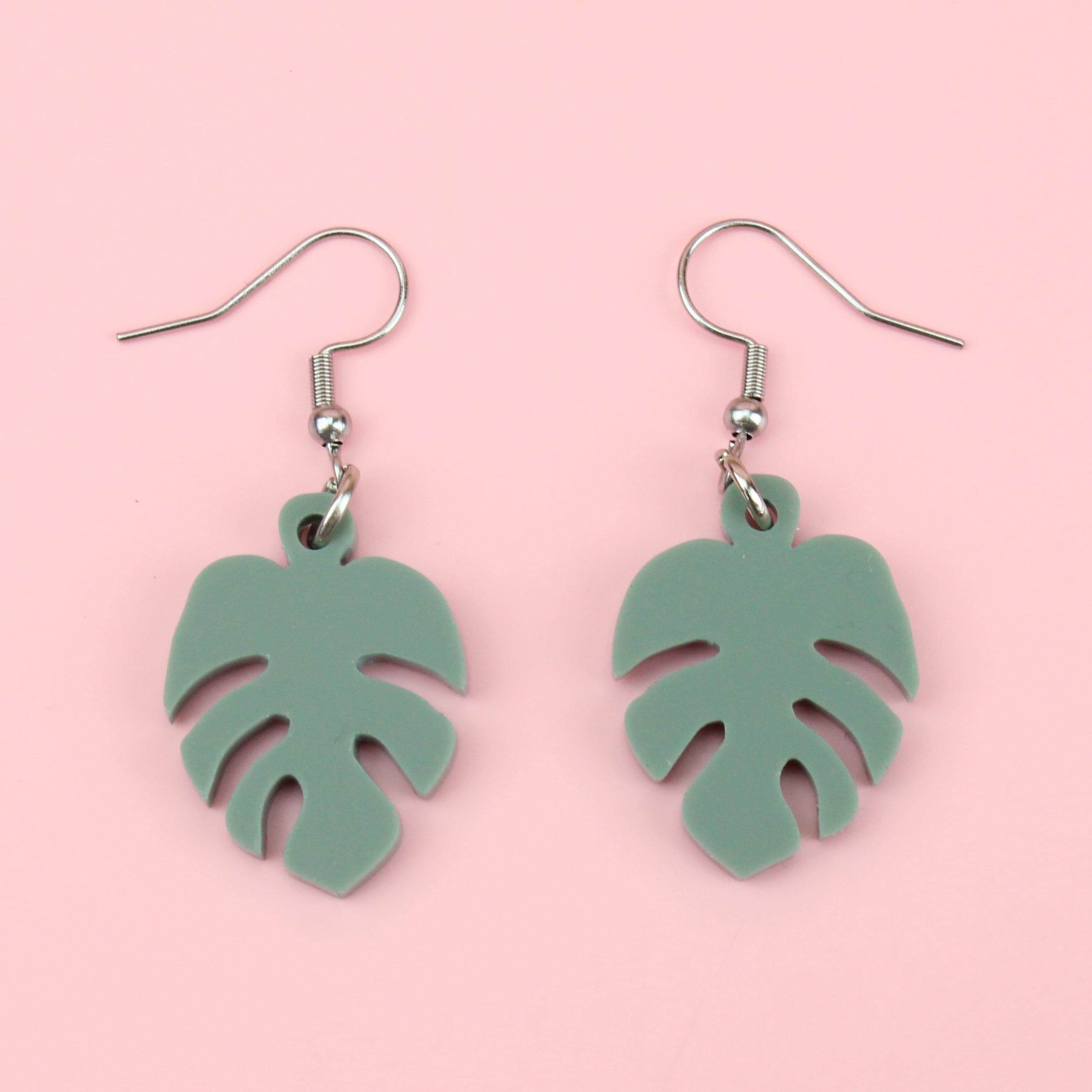 Small Sage Green Monstera Earrings