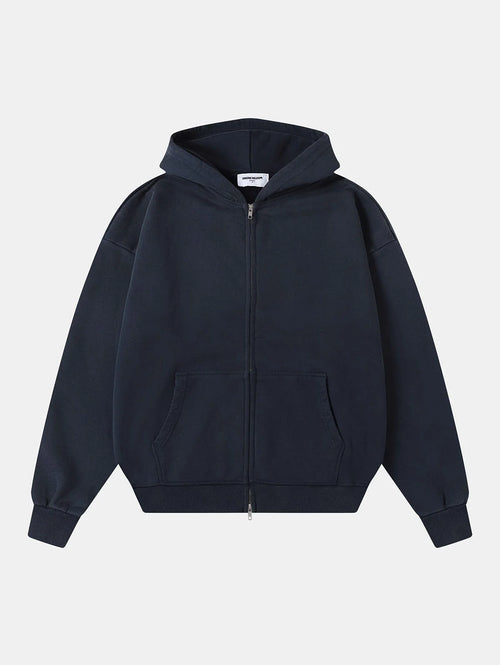550 GSM CROPPED FIT 'WASHED NAVY BLUE' ZIP-UP HOODIE