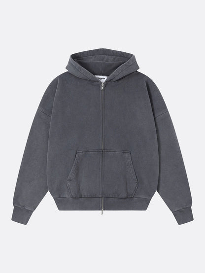 450 GSM BOXY CROPPED FIT 'WASHED GRAY' ZIP-UP HOODIE